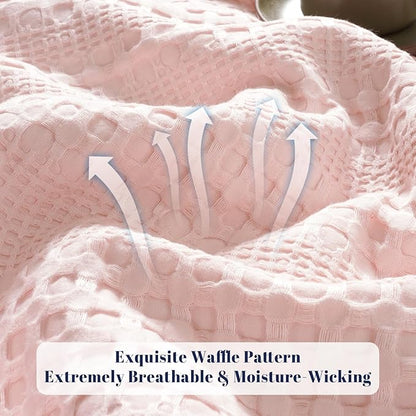 PHF Cooling Waffle Blanket Queen Size, Lightweight 60% Rayon Derived from Bamboo & 40% Cotton Breathable Blanket for Hot Sleepers, Soft and Luxury for Bed Couch and Sofa, 90"x90", Pink