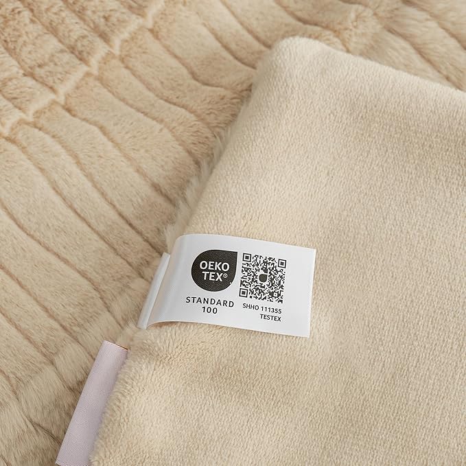 Amélie Home Luxury Striped Faux Fur Throw Blanket for Couch, Embossed Split Fur Cozy Fuzzy Fluffy Luxurious Soft Plush Sofa Chair Bed Gift Blankets for Women Men Wife Friend, 88"x90", Beige