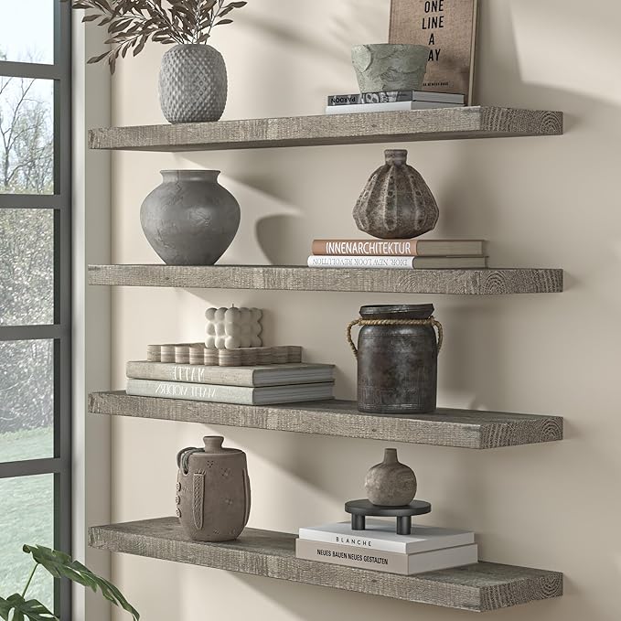 Fun Memories Floating Shelves for Wall Dec, 55"x8" Rustic Reclaimed Wood Shelves, Heavy-Duty Wall Mounted Shelves with Invisible Brackets for Living Room, Bedroom, Kitchen, Grey Finish