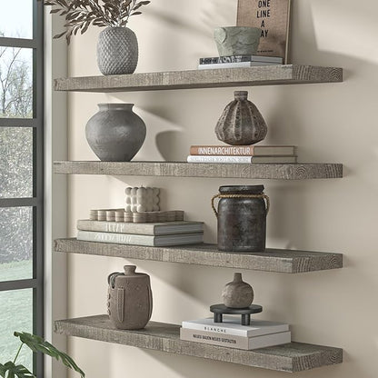 Fun Memories Floating Shelves for Wall Dec, 55"x8" Rustic Reclaimed Wood Shelves, Heavy-Duty Wall Mounted Shelves with Invisible Brackets for Living Room, Bedroom, Kitchen, Grey Finish