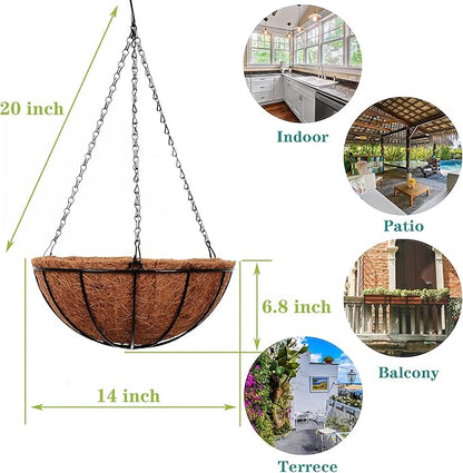 Hanging Planters Basket Outdoor Indoor(14 inch 4 Pack)-Coconut Coir Hanging Baskets for Plants Outdoor,Metal Wire Baskets with Coco Liner Window Box Planters, hanging Flower Pots For Railings…