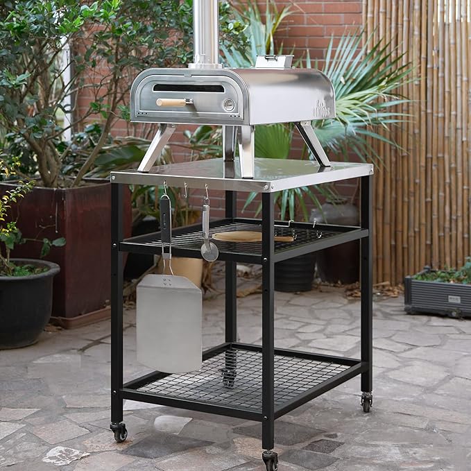 Stainless Steel Outdoor Grill Cart Pizza Oven Stand Trolley Table with Wheels Three-Shelf Movable Food Prep and Work Table Heavy Duty Grill Carts Outdoor Cart 31.5"×24"×35.5"