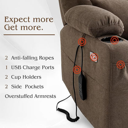 Power Lift Recliner Chair for Elderly with Extended Footrest, Infinite Position Lay Flat Recliner Chair for Adult W/Massage & Heating, Adjustable Headrest, 3-Motor Zero Gravity,Cup Holder, Fabric