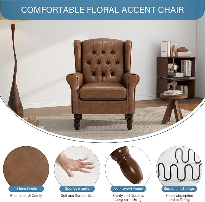 UIXE Faux Leather Accent Chair, High Back Upholstered Armchair for Living Room, Wingback Arm Chair Comfy Single Sofa Bedroom Reading Seat with Solid Wood Legs - Brown
