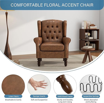 UIXE Faux Leather Accent Chair, High Back Upholstered Armchair for Living Room, Wingback Arm Chair Comfy Single Sofa Bedroom Reading Seat with Solid Wood Legs - Brown