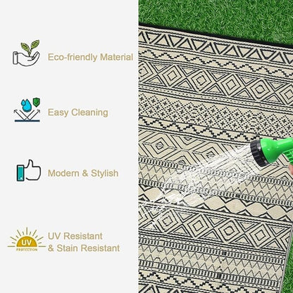 GAOMON Outdoor Rug for Patio Clearance 5x8 Reversible Plastic Straw Patio Rug for Camping Stain & UV Resistant RV Mats for Porch, Deck, Backyard, Camper, Balcony, Picnic, Black&Brown