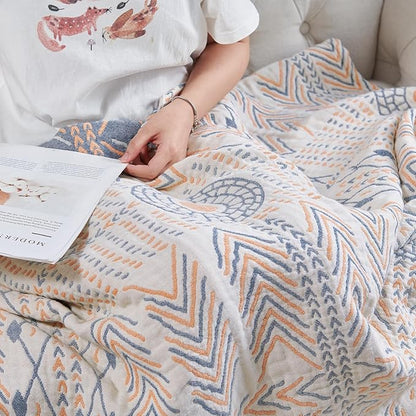 jinchan Boho 100% Cotton Muslin Queen Size 80x90 Throw Blanket Lightweight 4-Layer Orange Reversible Blanket Washable Breathable Geometric Striped Pattern Soft Comfy for Couch Bed Decor All Seasons