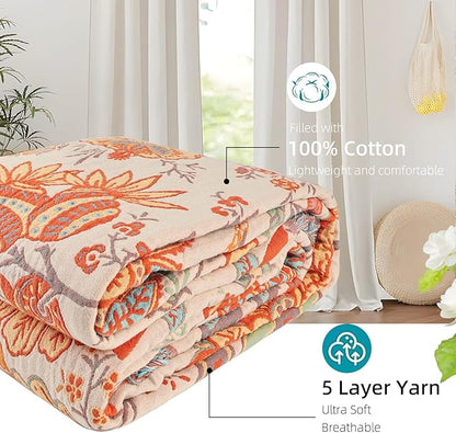 Boho Throw Blanket for Bed - 100% Pure Cotton Ultra Soft Rustic Quilt - Farmhouse Decor Bed Blankets, All Season Rustic Throw for Sofa Couch Chair(80''x 90'', Floral)
