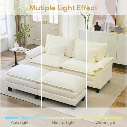 URRED Modular Sectional Sofa Comfy Cloud Couch, Modern Chenille Sofa Sleeper Deep Seat Couches with Ottoman/Pillows for Living Room (White, 82.6''- 2 Ottomans)