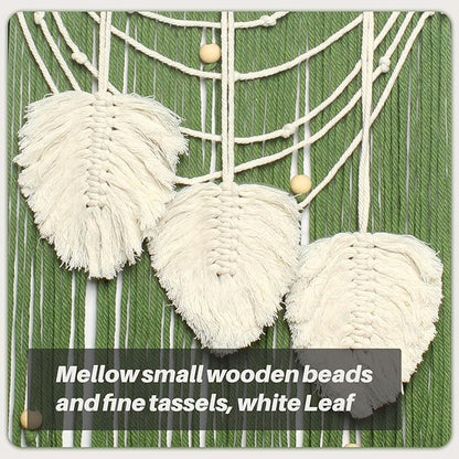 JONKASIPA Macrame Wall Hanging Bohemian Handmade Leaf Feather Wall Art Decorations, Green fringe Chic Home Decor for Apartment Dorm Living Room Bedroom
