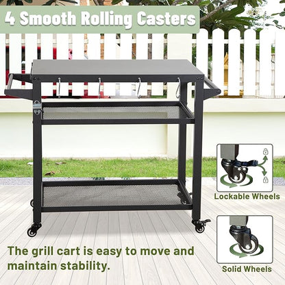 Domi 3-Shelf Outdoor Grill Table, Grill Cart Outdoor with Wheels, Pizza Oven and Food Prep Table, Blackstone with Propane Tank Hook, BBQ Stand for Blackstone Griddle for Outside BBQ