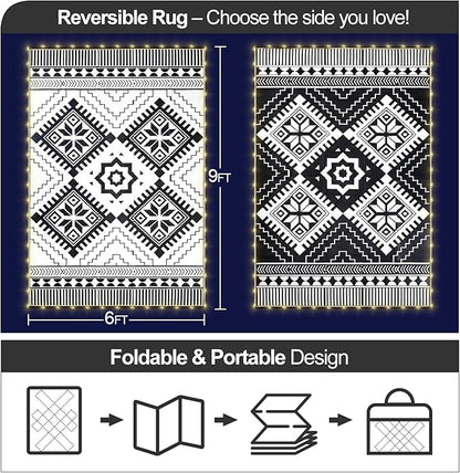 6x9ft Waterproof Outdoor Rug with LED Lights, Boho Reversible Plastic Straw Mat for Patio RV Camping Picnic Balcony Beach Deck Indoor Outdoor Carpet, Black&White
