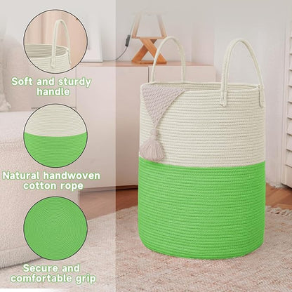Large Woven Laundry Basket Hamper,80L Cotton Rope Storage Bin for Blankets,Toys and Clothes,Decorative Tall Nursery Hamper for Living Room,Baby Nursery,Bathroom and Bedroom,Light Green