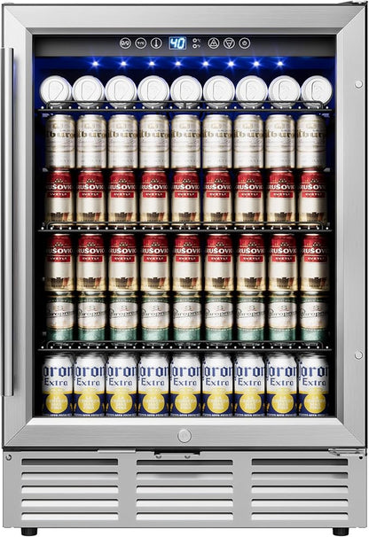 24 Inch Beverage Refrigerator, Beverage Cooler 180 Can Built-in Design, Under Counter Beer Fridge with Glass Door for Soda, Wine, Water - For Kitchen, Office or Bar