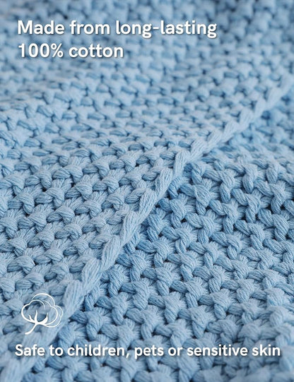 YnM Chunky Cotton Knit Throw Blanket, Cable Knit Throws for Bed Couch Sofa, Comfy & Relaxing, Decorative Piece for Farmhouse Modern Boho Rustic Scandinavian Chic Vibe, Aqua Blue 60x80 Inches