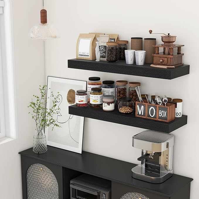 Deep Floating Shelves for Wall, 12'' Deep Large Floating Shelves Set of 2, 36 Inch Distressed Black Wood Shelves for Living Room Bathroom Laundry Room Bedroom Kitchen Home Office - Black