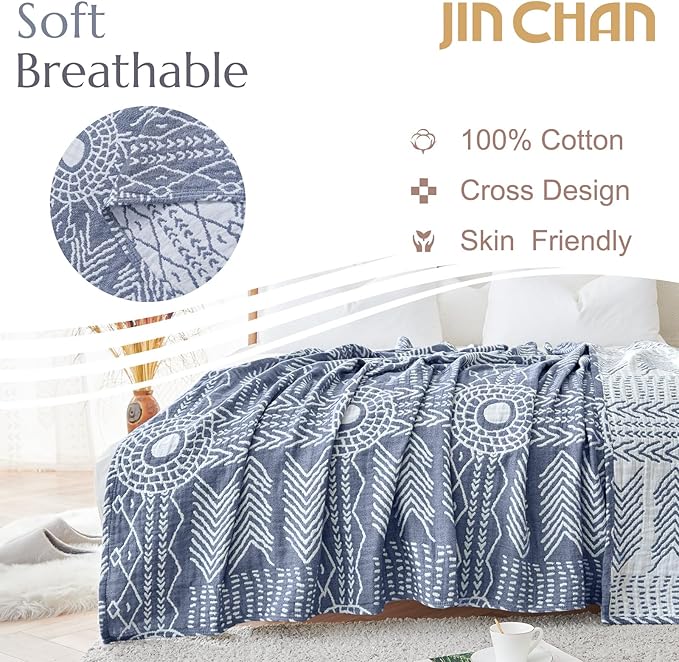 jinchan Boho 100% Cotton Muslin 50x60 Throw Blanket Lightweight 3-Layer Blue Blanket Washable Reversible Breathable Decorative Geometric Striped Patterned Soft Cozy for Sofa Bed All Season Gift