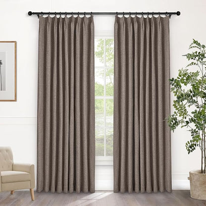 Macochico 100% Blackout Pinch Pleated Linen Curtains 84 Inch Length Thermal Blackout Curtains for Bedroom Living Room Nursery Light Coffee Farmhouse Burlap Curtains with Tieback 52”Wx84”L 1 Panel