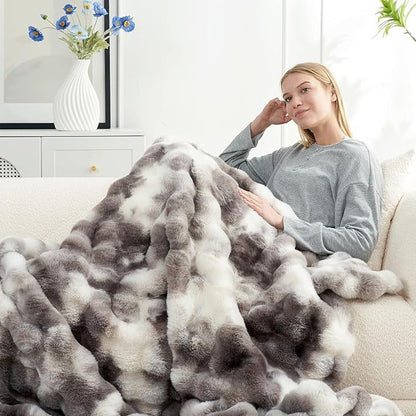 Cozy Bliss Faux Fur Throw Blanket for Couch, Fuzzy Soft Plush Thick Bubble Blanket for Sofa Bedroom Living Room, 60 * 80 Inches Tie-dye Taupe