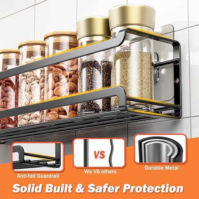 Spice Rack Wall Mounted 4 Pack,Space-Saving Spice Organizer for Spice Jars and Seasonings,Screw or Adhesive Hanging Spice Rack Organizer for Your Kitchen Cabinet,Pantry Door,11.41x2.75x2.75in