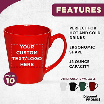 DISCOUNT PROMOS Custom Glossy Ceramic Latte Coffee Mug 12 oz. Set of 10, Personalized Bulk Pack - Perfect for Tea, Espresso, Cappuccino, Hot Cocoa - Red