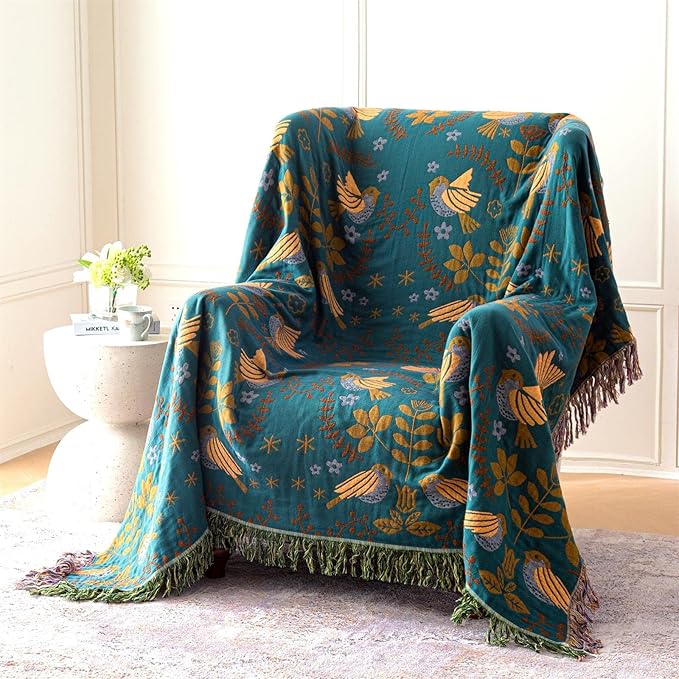 Cotton Throw Blanket 100% Muslin for Couch Bed 80''x 90'' Farmhouse Blanket 4-Layer Summer Blankets Boho Quilt Decor for All Seasons Cozy Soft Lightweight Knitted Warm Blanket Gifts for Women