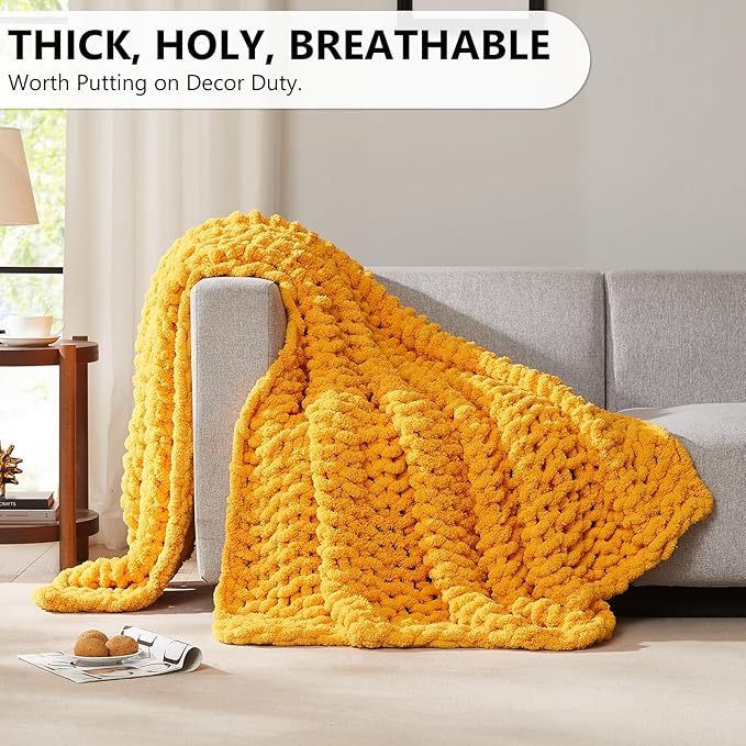 L'AGRATY Chunky Knit Blanket Throw - Soft Throw Blanket 50x60: 100% Hand Knitted Chenile Crochet Throw for Home Decor - Mustard Yellow