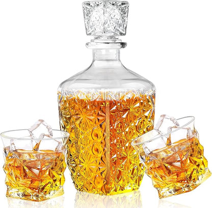 Whiskey Decanter Set,Liquor Decanter Set with 2 Glasses,Decanter set for Men,Decanter for Tequila,Bourbon,Rye,Gifts for Men,Dad,Home Bar Decor - 28oz