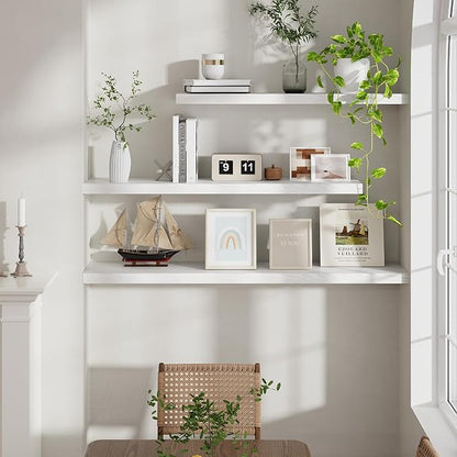 Fun Memories Floating Shelves 48 Inch Set of 2, White 48 x 9 Wall Shelves for Home Decor Storage, Rustic Wood Floating Shelf for Wall, 9 Inch Deep Shelving for Bathroom, Living Room, Kitchen