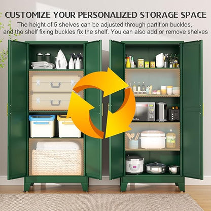 75.2" Tall Kitchen Food Pantry, Pantry Cabinet with 2 Door and 5 Adjustable Shelves, Green Laundry Room Cabinets, Freestanding Pantry for Kitchen, Study Room, Dining Room and Entryway