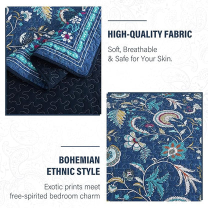 NEWLAKE Quilt Set Queen Size, Bedspread Sets Blue Botanical Floral Patterns, Reversible Quilt Bedding Set Lightweight and Breathable for All Seasons, Soft Quilted Bedspread with 2 Pillow Shams