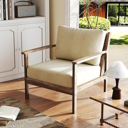 Giantex Mid Century Modern Accent Chair, Wooden Arm Chair w/Solid Wood Frame, Removable Seat Cushion & Pillow, Vintage Comfy Reading Chair for Living Room, Bedroom, Study