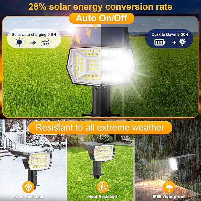 Fabrito 72 LEDs Solar Spot Lights Outdoor Waterproof, 3 Modes Landscape Spotlights, Dusk to Dawn Solar Powered Flood Wall Lights for Outside, Solar Garden Lights for Yard Porch 2 Pack (Cool White)