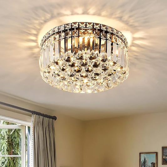 4-Light Black Crystal Chandeliers Flush Mount Chandelier Light Fixture with K9 Crystals Modern Ceiling Lights Elegant Round Lamp for Bedroom,Hallway,Bar,Living Room,Dining Room,H5.9 xW13.7