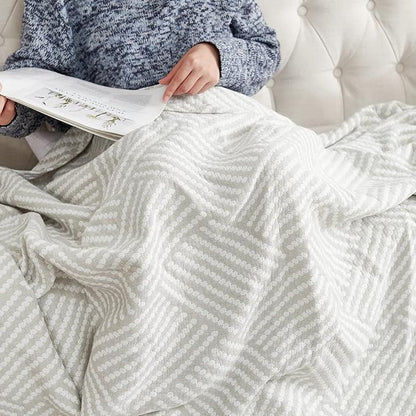jinchan Boho 100% Cotton Blanket Muslin 50x60 Inches Lightweight 3-Layer Geometric Square Striped Pattern Reversible Quilt Throw Soft Breathable Comfy All Seasons for Couch Bed Decor, Light Grey