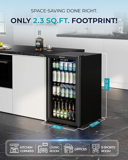 EUHOMY Beverage Refrigerator and Cooler, 128 Can Mini fridge with Glass Door, Small Refrigerator with Adjustable Shelves for Soda Beer or Wine, Home/Bar/Office, Black