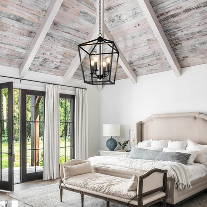 Farmhouse Chandelier 4-Light, Black Pendant Light Fixture for Kitchen Island Dining Room, Lantern Industrial Lighting Ceiling Hanging with Metal Cage Adjustable Height for Entryway Foyer