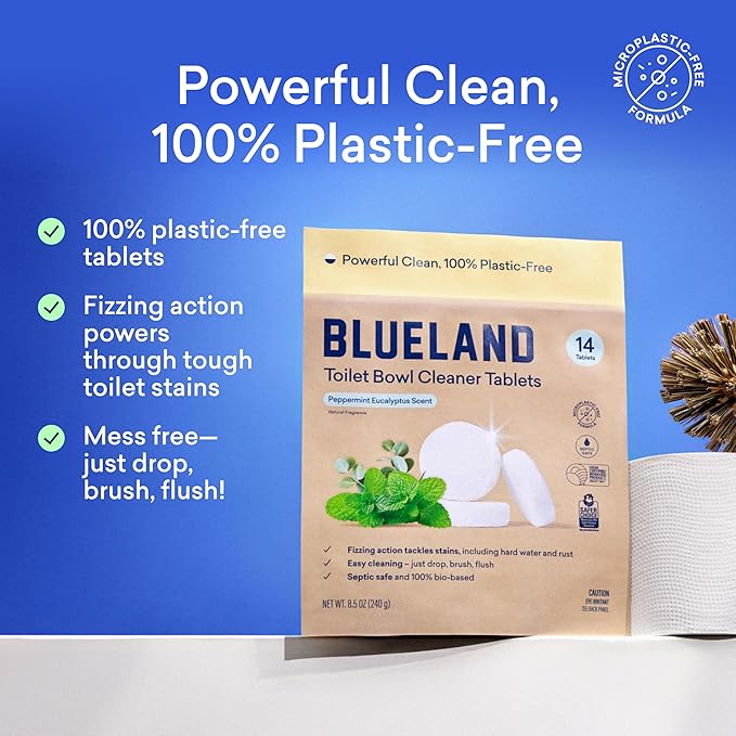 BLUELAND Toilet Bowl Cleaner Tablets, Starter Set, 14 Count with Tin, Peppermint Eucalyptus, Plastic-Free, No Harsh Chemicals, Plant-Based