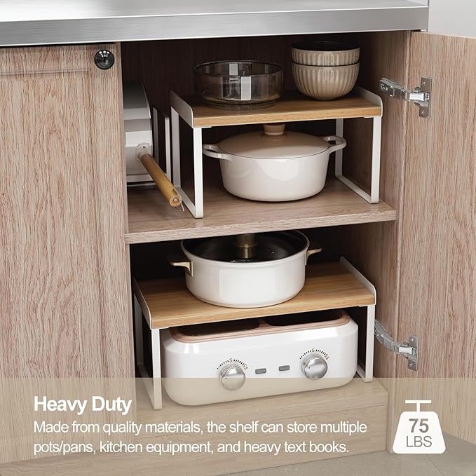 Mitus Shelf Organizer and Storage, Stackable Tiered Wood Cabinet Rack for Countertops, Desktops, Cabinets (Set of 2) 12" and 16" Wide Natural Oak and White