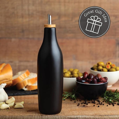 Black Ceramic Olive Oil Dispenser Bottle 16 Oz Container for EVOO or Vinegar, Kitchen Counter Design