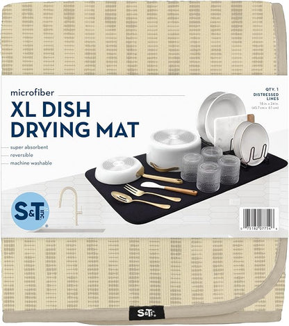 S&T INC. Dish Drying Mat XL, 18” x 24”, Absorbent Microfiber Kitchen Counter Mat, Dish Drying Pad for Dishes, Utensils, Pots and Pans, Extra Large, Cream Distressed Lines