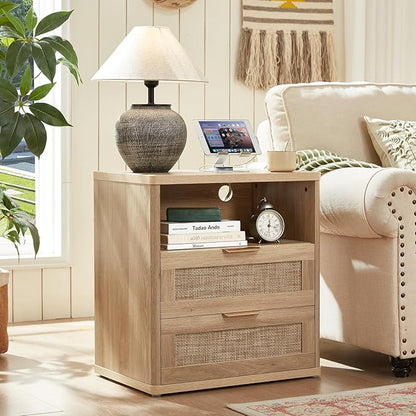 LEYAOYAO Boho Rattan Coffee Table and End Table Sets, 48" Wide Center Tables & 23" Night Stand with Charging Station Chest of Drawers, Natural Wood Coffee Table for Living Room 3 Piece Set