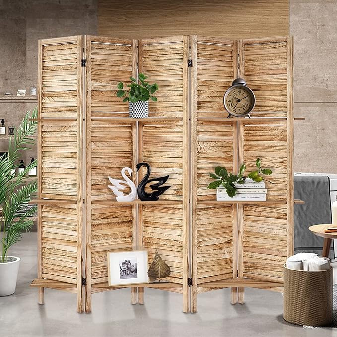 Room Divider with Shelves, Privacy Screen, Room Dividers and Folding Privacy Screens, 5 Panel Wood Temporary Wall Partition Separation Separator, Natural