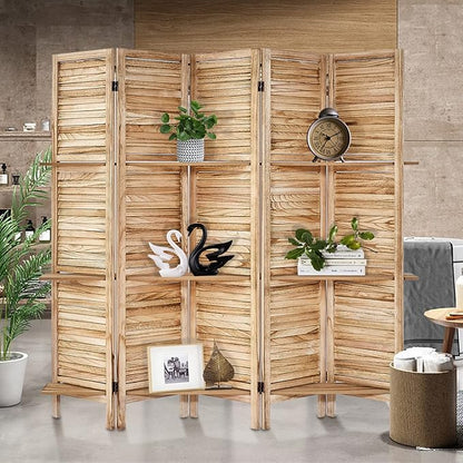 Room Divider with Shelves, Privacy Screen, Room Dividers and Folding Privacy Screens, 5 Panel Wood Temporary Wall Partition Separation Separator, Natural