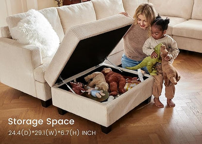 Nolany Sectional Couch with Storage Ottoman, U Shape Sectional Sofa with Chaise, Corduroy Modular Sectional Couches for Living Room, Beige