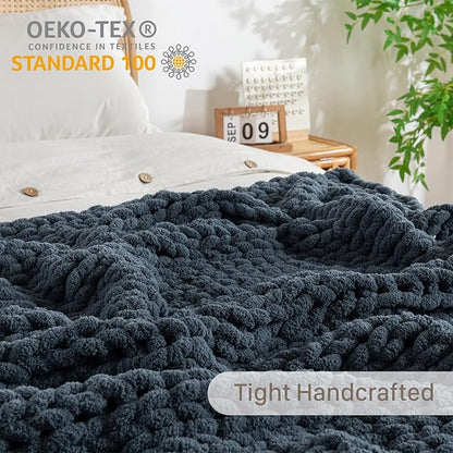 Chunky Knit Blanket Throw, 100% Hand Knit Throw Blanket Handmade Chenille Cable Knit Throw for Couch, Stylish Cozy Soft Rope Knot Crochet Blanket for Home Decor, Blue Mirage, 50x60 Inches