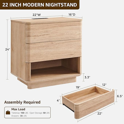 Nightstand with Charging Station, 22" Push-to-Open Bedside Table with 2 Storage Drawers, Large Modern End Table for Bedroom,Living Room,Natural Oak