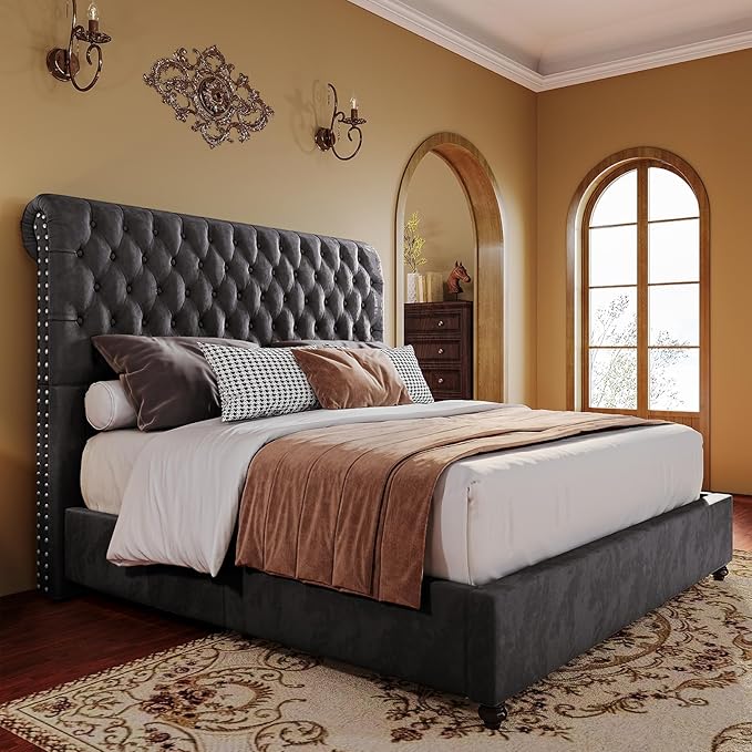 PaPaJet Bed Frame Queen Size Upholstered Platform Bed with 52.8'' Tall Sleigh Headboard, Button Tufted, No Box Spring Needed, Easy Assembly, Dark Grey