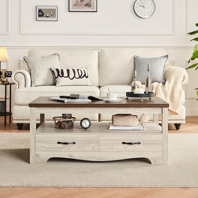 LINSY HOME Farmhouse Coffee Table with Storage, Wood Coffee Table for Living Room, Open Display Area and Storage Drawers with Metal Handles, Chic Style with Curved Base. Oak and Brown