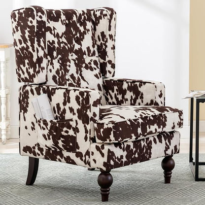 Mid-Century Accent Chair, Upholstered Arm Chair Linen Fabric Side Chair with High Back Solid Wooden Legs, Comfy Reading Chair for Living Room Bedroom, Milk Cow